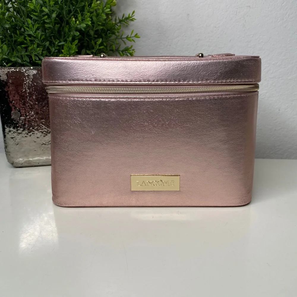 Lancome Rose Gold Metallic Cosmetic Vanity Case Bag Train‎ Case Travel Bag NWOT